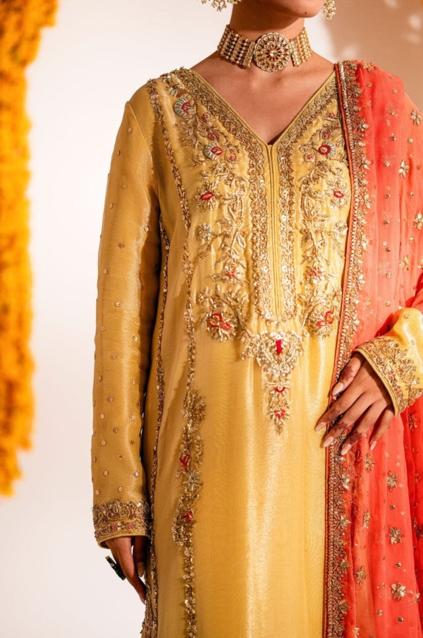 Pakistani Yellow Mehndi Long Shirt Trouser - Image 3