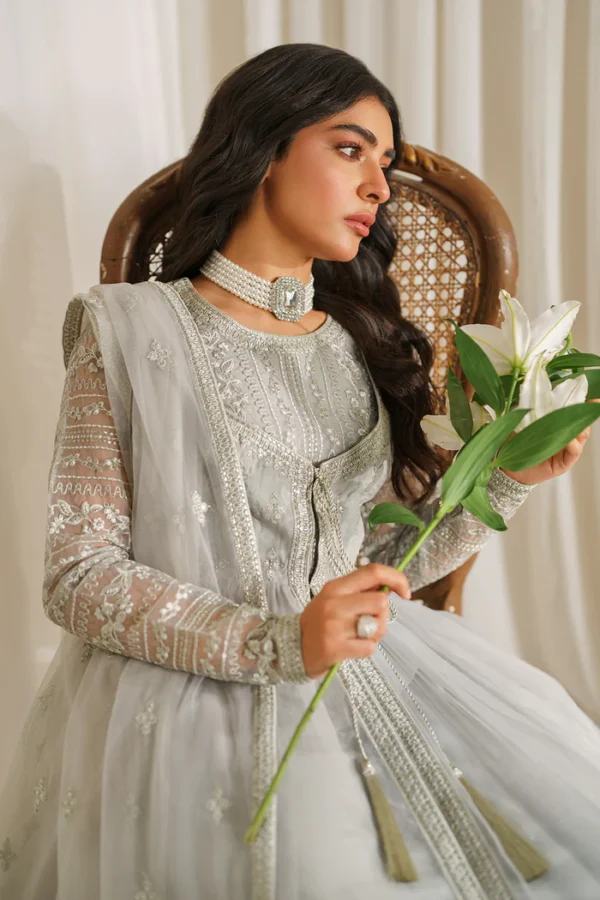 Pakistani Party Light Grey Organza Frock - Image 2