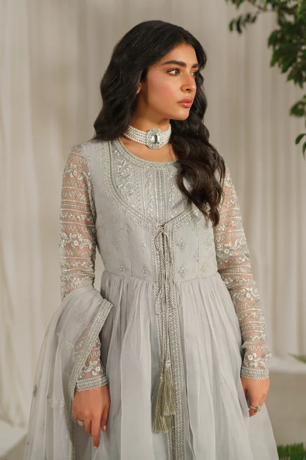 Pakistani Party Light Grey Organza Frock - Image 4