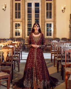 Long Open Pishwas Maroon Bridal Lehenga