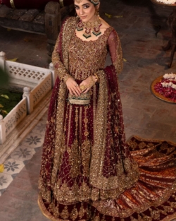 Bridal Outfit Maroon Long Tail Lehenga Gown Wedding Dress