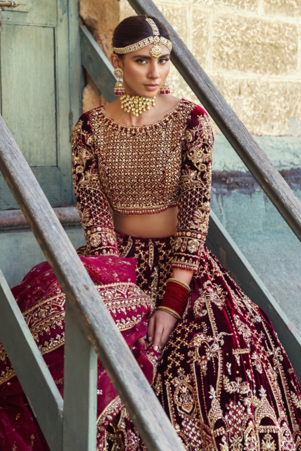 Maroon Pakistani Bridal Lehenga Choli with Embellishments - Image 6