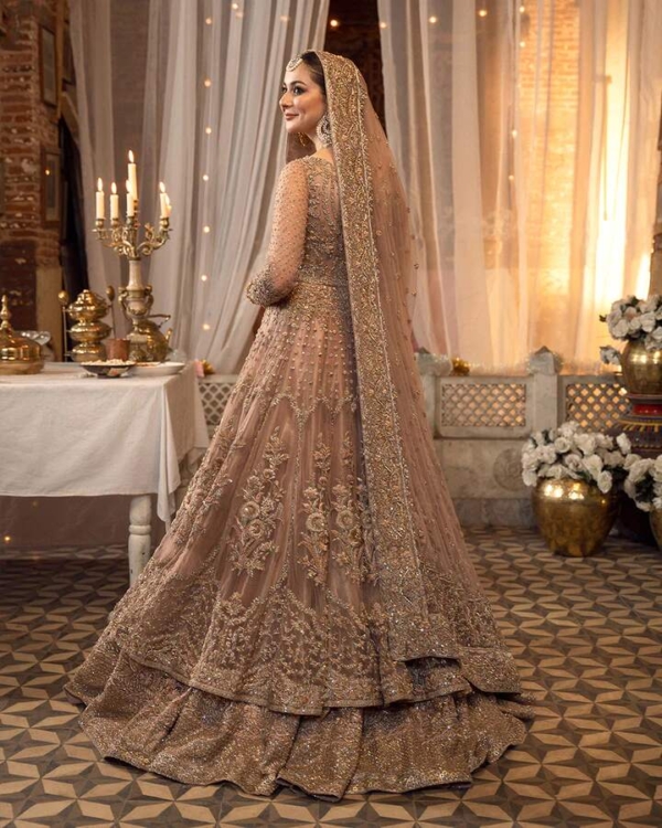 Embroidered Gold Lehenga And Maxi Outfit For Pakistani Bridal - Image 4