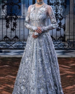 Pakistani Wedding Dress In Silver Lehenga Gown Style