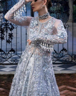 Pakistani Wedding Dress In Silver Lehenga Gown Style