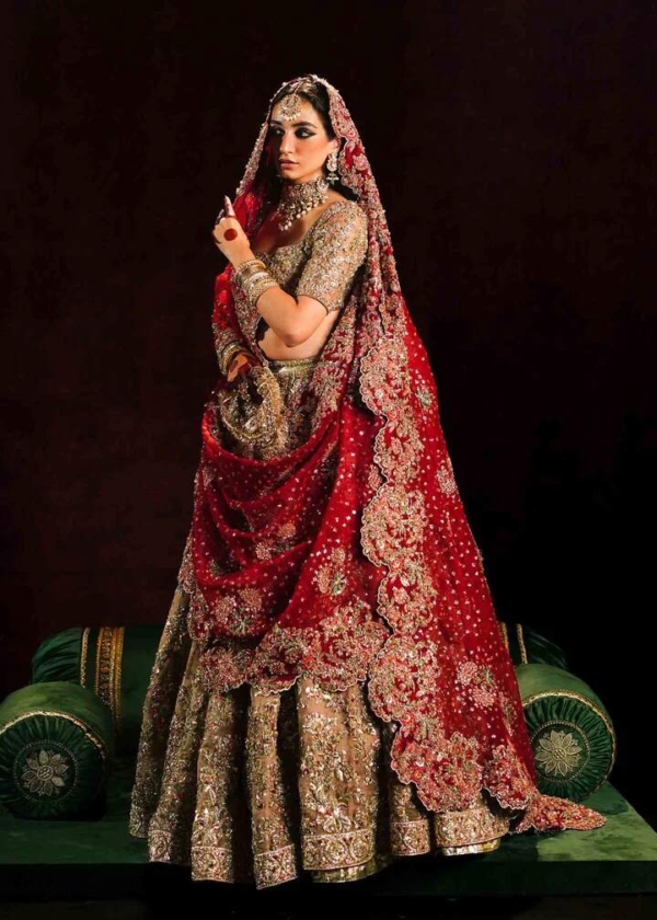 Golden Lehenga Choli With Maroon Dupatta Pakistani Bridal Dress - Image 3