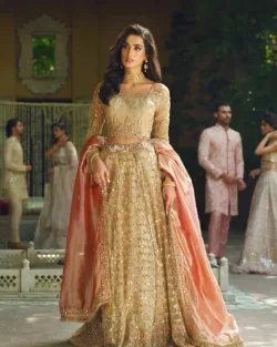 Pakistani Bridal Dress Gold Lehenga Choli Embellished Outfit