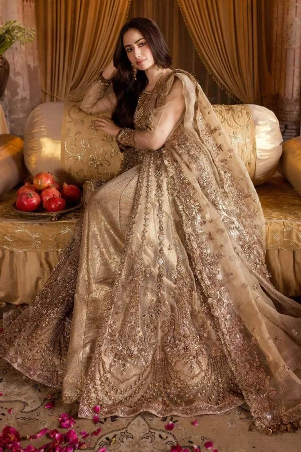 Pakistani Antique Gold Embroidered Open Lehenga Bridal Dress - Image 3