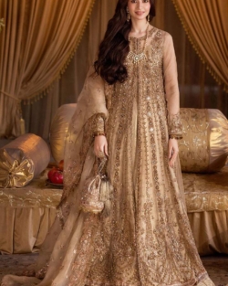 Pakistani Antique Gold Embroidered Open Lehenga Bridal Dress