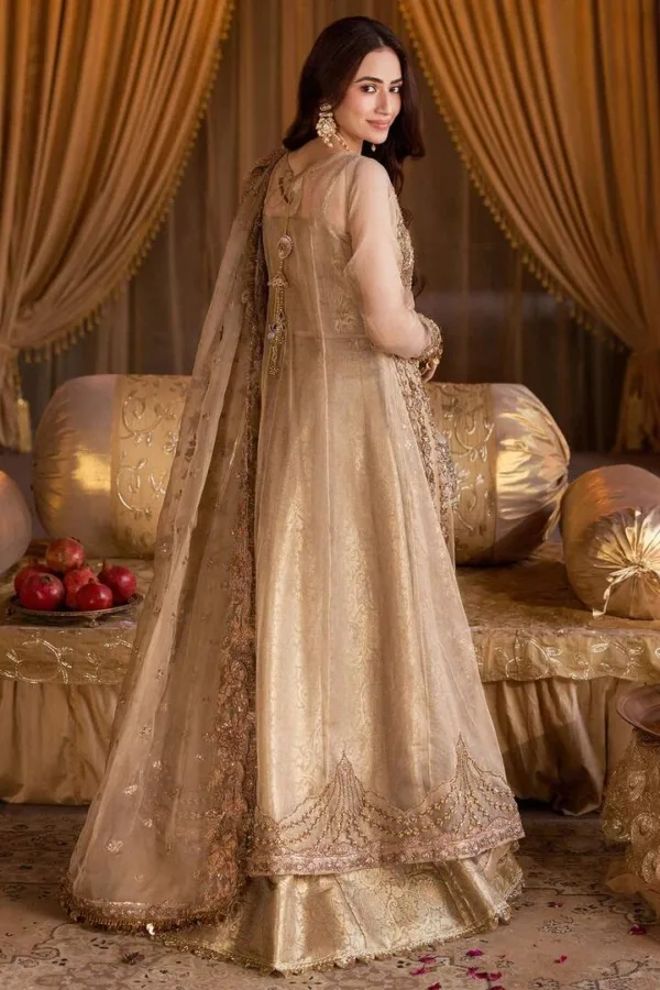 Pakistani Antique Gold Embroidered Open Lehenga Bridal Dress - Image 4