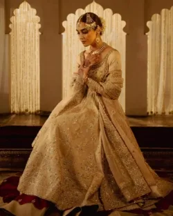 Nikah Dress In Pishwas Gown And Crude Silk Lehenga Style