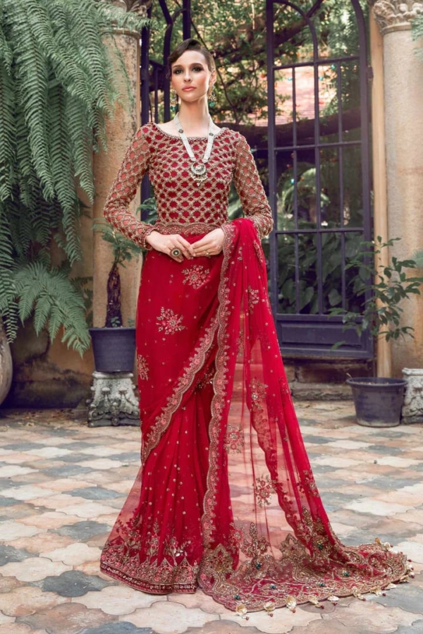 Red Pakistani Bridal Dress In Net Marriage Saree Style - Image 4