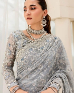 Pakistani Ice Blue Saree Embroidered Styling For Wedding