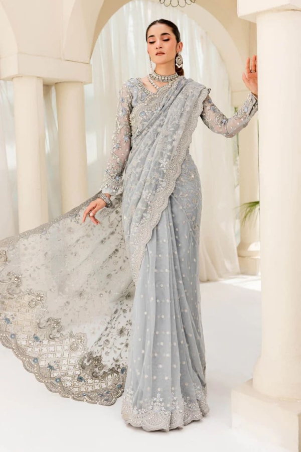 Pakistani Ice Blue Saree Embroidered Styling For Wedding - Image 3