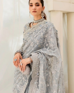 Pakistani Ice Blue Saree Embroidered Styling For Wedding