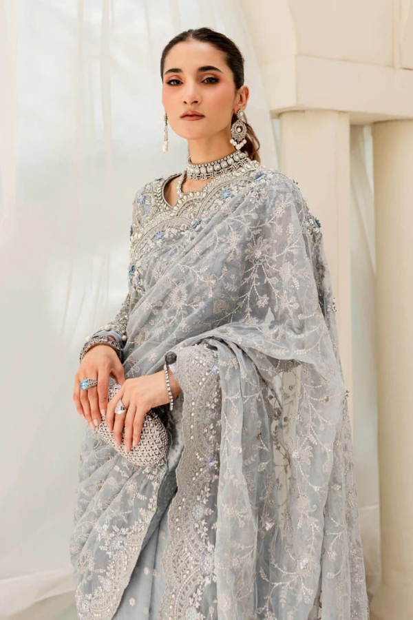 Pakistani Ice Blue Saree Embroidered Styling For Wedding