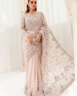 Embellished Pastel Pink Pakistani Organza Saree For Wedding