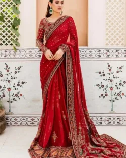 Embroidered Pakistani Marriage Dress In Dark Red Saree Style