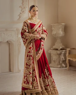 Heavy Embroidered Pakistani Outfit In Red Lehenga Saree Style