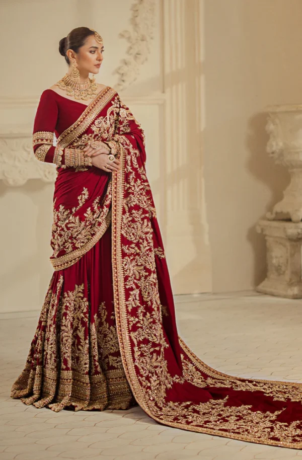 Heavy Embroidered Pakistani Outfit In Red Lehenga Saree Style - Image 3