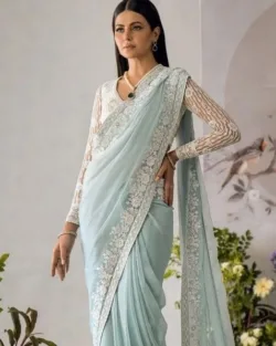 Blue and white Pakistani Embroidered Saree Wedding Dress