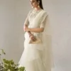 Embroidered White Goldwork Pakistani Bridal Saree Outfit - Image 2