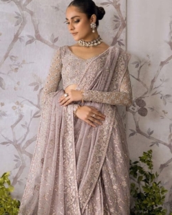 Traditional Pakistani Embroidered Rose Gold Bridal Saree