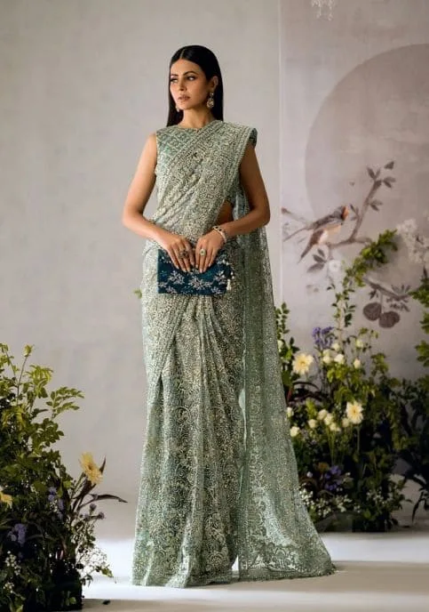 Pakistani Bridal Embroidered Aqua Green Sleeveless Saree Dress - Image 4