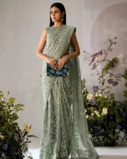 Pakistani Bridal Embroidered Aqua Green Sleeveless Saree Dress