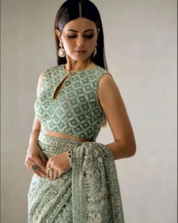 Pakistani Bridal Embroidered Aqua Green Sleeveless Saree Dress