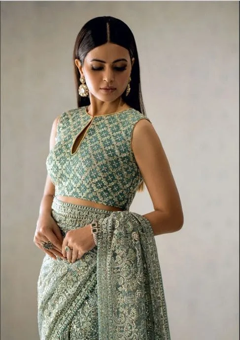 Pakistani Bridal Embroidered Aqua Green Sleeveless Saree Dress - Image 2