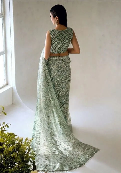 Pakistani Bridal Embroidered Aqua Green Sleeveless Saree Dress - Image 3