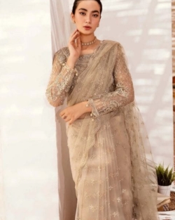 Embellished Cream Pakistani Bridal Net Saree Wedding Dress