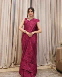 Embroidered Maroon Pakistani Bridal Saree Beautiful Style