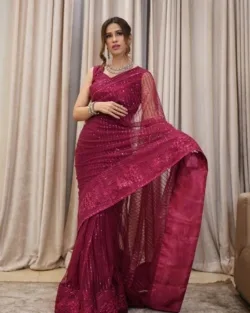 Embroidered Maroon Pakistani Bridal Saree Beautiful Style