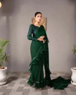 Pakistani Embellished Green FRILLED Saree Marriage Dress