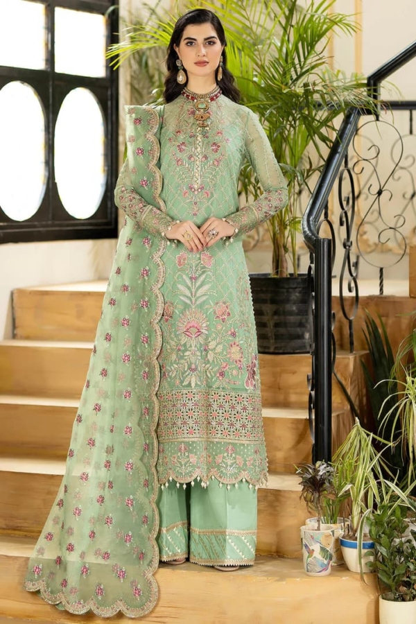 Pakistani Embellished Party Pistachio Salwar Kameez - Image 2