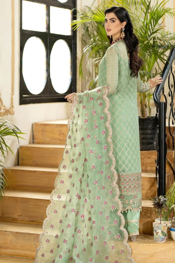 Pakistani Embellished Party Pistachio Salwar Kameez - Image 3