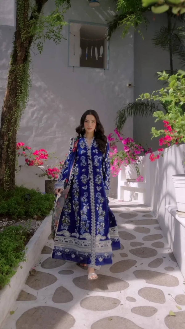 Pakistani Blue Floral Printed Party Wear - Image 4