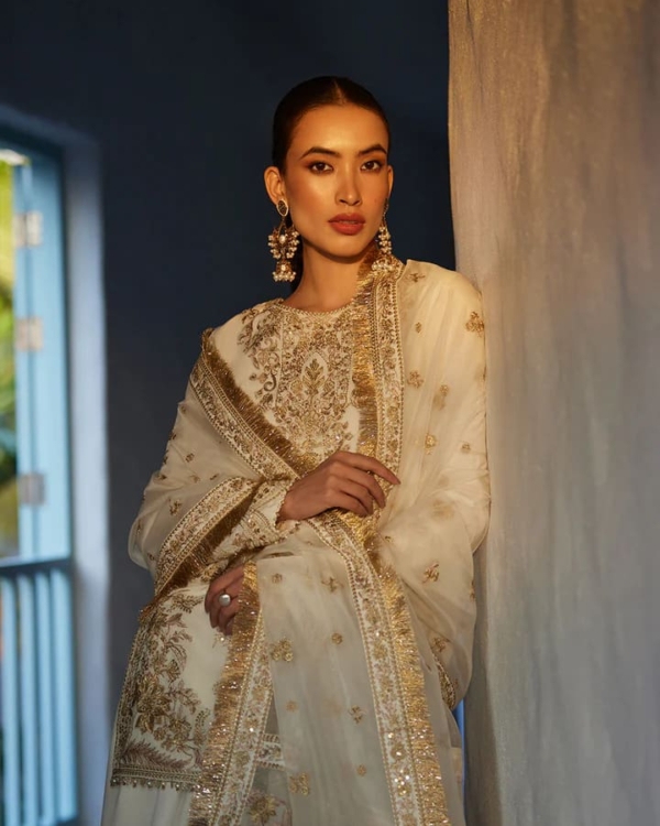 Pakistani White Gold Kameez Party Dress - Image 3