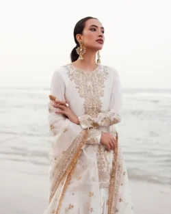 Pakistani White Gold Kameez Party Dress