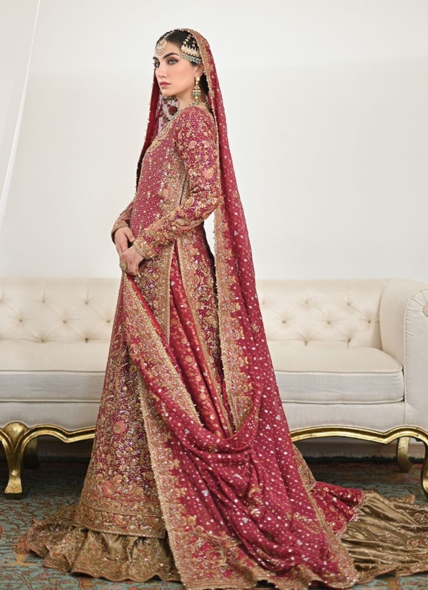 Pakistani Bridal Burnt Burgundy Farshi Lehenga - Image 3