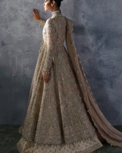 Pakistani Bridal Peach Pink Angrakha Gown with Lehenga