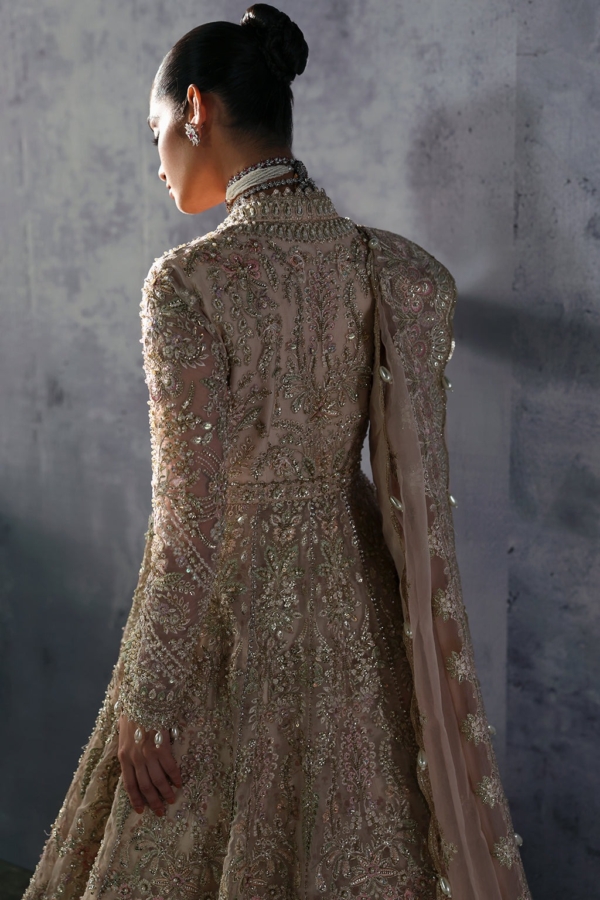 Pakistani Bridal Peach Pink Angrakha Gown with Lehenga - Image 5