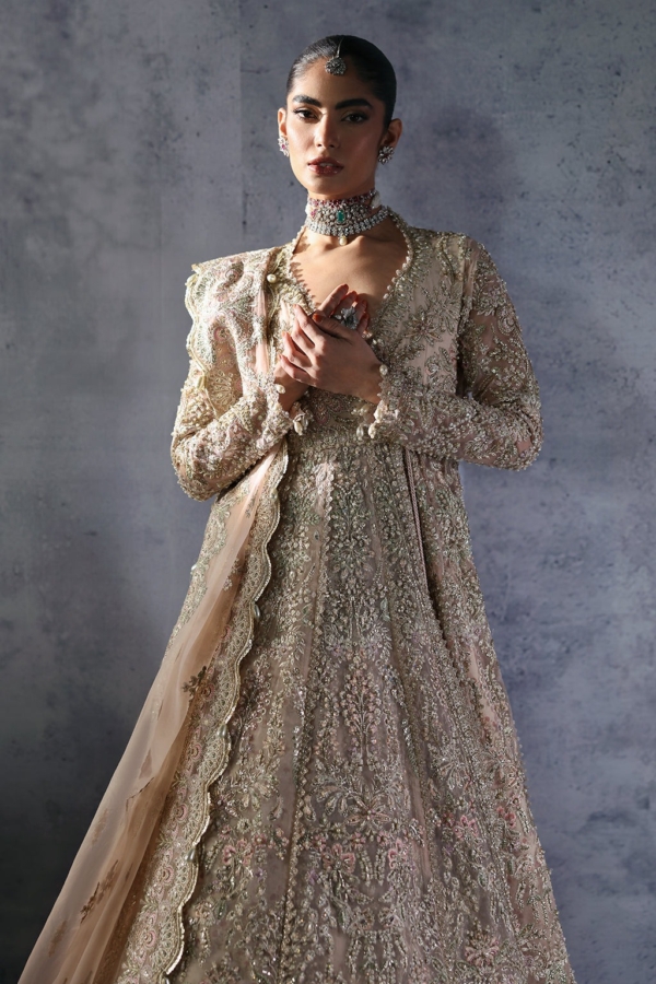 Pakistani Bridal Peach Pink Angrakha Gown with Lehenga - Image 6