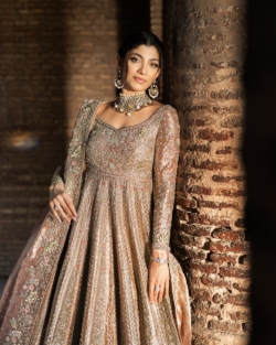 Pakistani Bridal Pishwas Peachy Gold Frock Lehenga