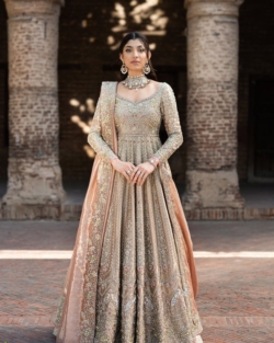 Pakistani Bridal Pishwas Peachy Gold Frock Lehenga