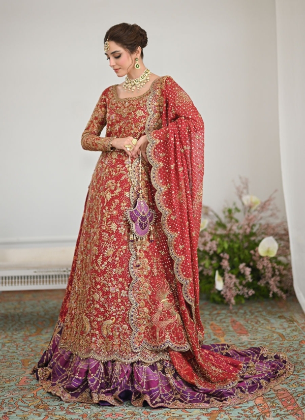 Pakistani Bridal Scarlett Red Shirt Lehenga Wedding Outfit - Image 2