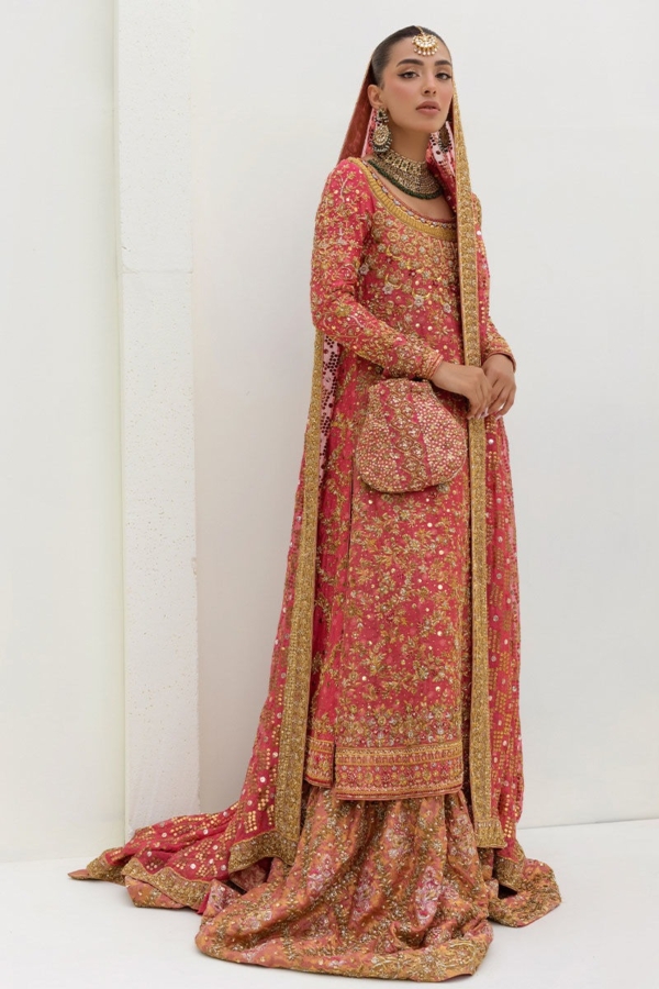 Pakistani Bridal Watermelon Color Farshi Lehenga