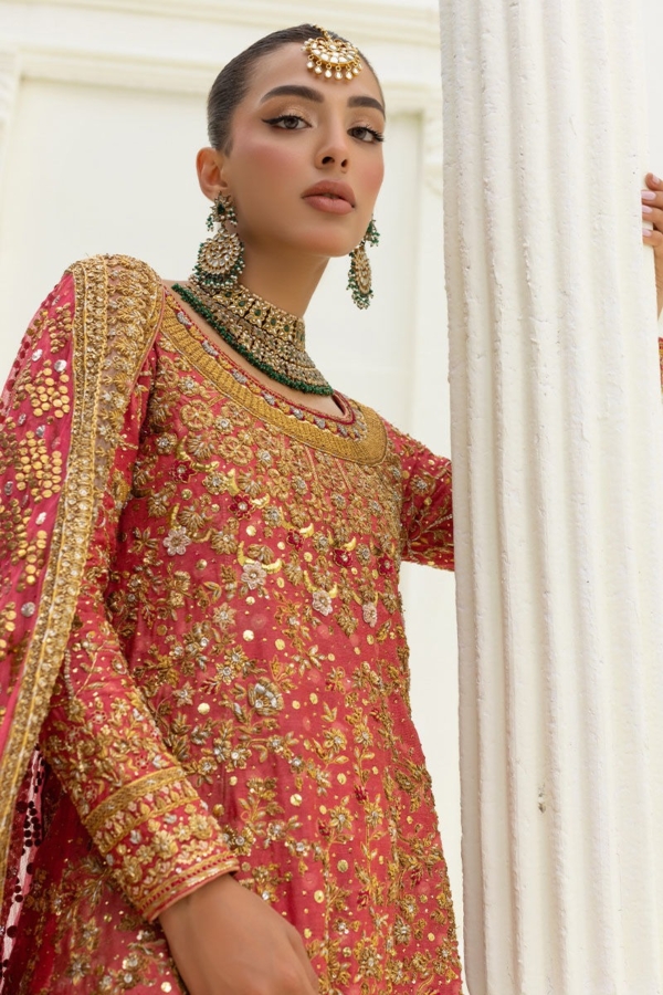 Pakistani Bridal Watermelon Color Farshi Lehenga - Image 2